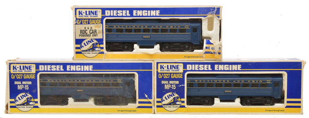 K-Line B&O Budd Cars K-26021 K-26022 K-26023: K-Line blue B&O Budd cars; K-26021 RDC dummy, K-26022 RDC car and a K-26023 RDC dummy car all in OBs, C8.