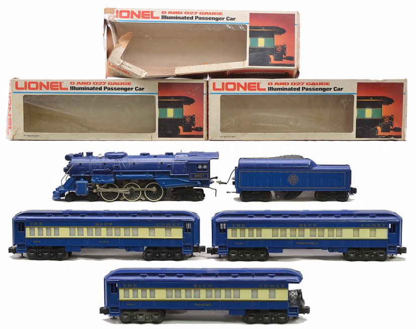 Lionel Blue Comet Pass Set 8801 9538 9539 9540: Lionel Blue Comet passenger set including; 8801 Hudson steam loco and tender, 9538 Faye Pullman, 9539 Westphal Pullman and a 9540 Tempel observation. The passenger cars are in damaged OBs. The 9536 ba