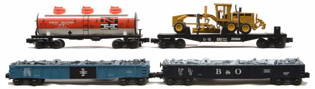 RK MTH 30-7213 30-7399 30-7673 MTH 20-98899: Rail King by MTH freight cars; 30-7213 B&O gondola with scrap load, 30-7399 New Haven three dome tank and a 30-7673 CAT flatcar no. 252000 with 140H motor grader. Also included is a MTH 20-98899 Bosto