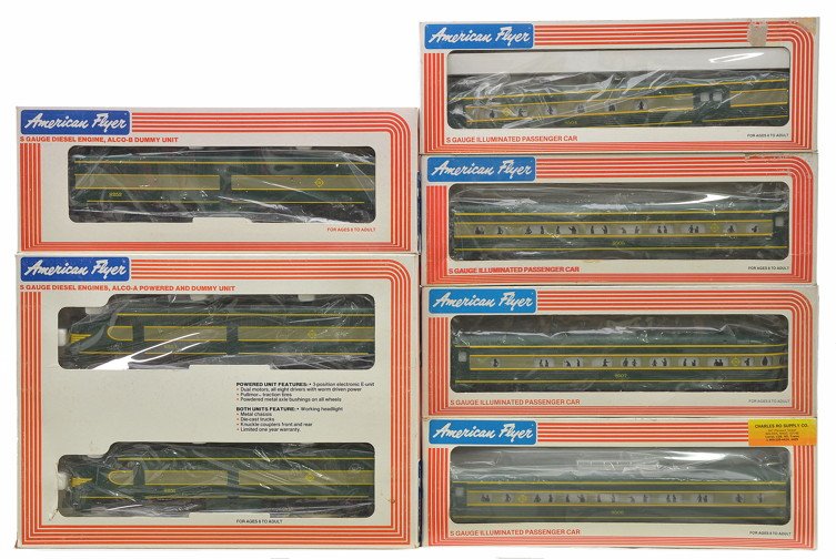 AF Erie Pass Set 8251-8252 9504-9507 MINT OBs: American Flyer by Lionel S gauge Erie passenger set in individual OBs including; 8251/8252 Alco ABA diesel units, 9504 combo, 9505 Pullman, 9506 vista dome and a 9507 observation. The set is C9-10.