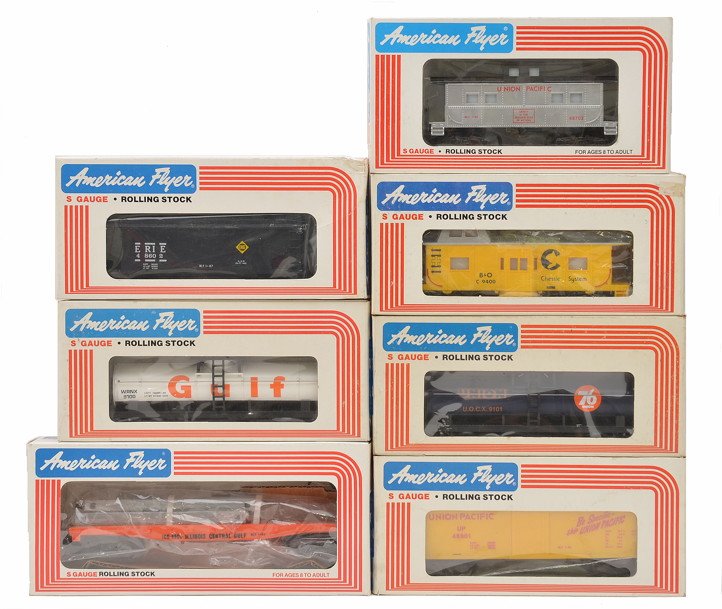 AF 9100 9101 48602 48505 48801 48702 9400 MIB: American Flyer by Lionel S gauge freight cars in OBs including; 9100 Gulf tank, 9101 Union Oil tank, 48602 Erie covered hopper, 48505 Illinois Central flatcar with bulkheads, 48801 Union Pacific reefe