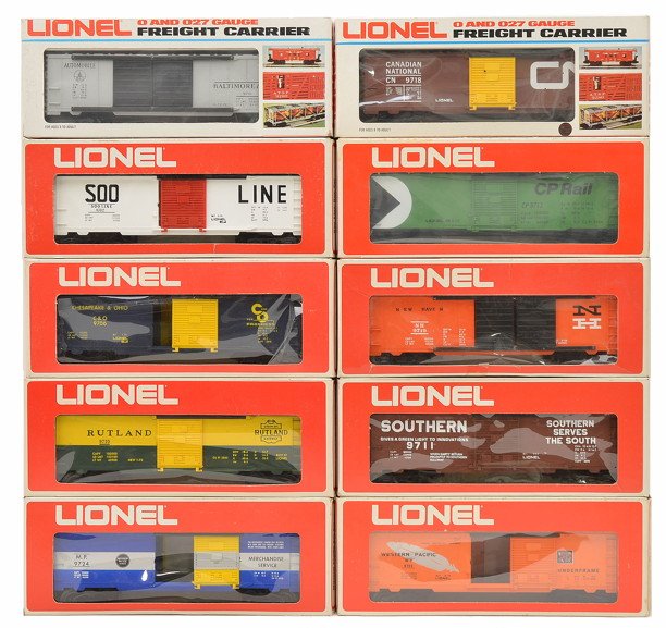 Lionel 9701-02 9706 9710-11 9713 9718-19 9723-24: Lionel boxcars including; 9701 Baltimore & Ohio, 9702 Soo Line, 9706 Chesapeake & Ohio, 9710 Rutland, 9711 Southern, 9713 CP Rail, 9718 Canadian National, 9719 New Haven, 9723 Western Pacific and 9724