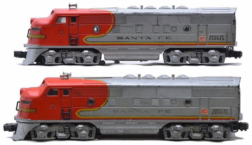 Lionel 2343 Santa Fe F3 AA Diesel Units: Lionel postwar 2343 Santa Fe F3 AA diesel units. The power A frame and trucks have been repainted. The units are C5.