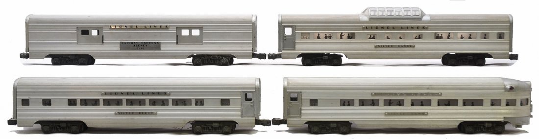 Lionel Aluminum Pass Cars 2530 2534 2532 2531: Lionel postwar aluminum passengers cars including; 2530 REA baggage, 2534 Silver Bluff Pullman, 2532 Silver Range vista dome and a 2531 Silver Dawn observation. A light has been installed in the bagga