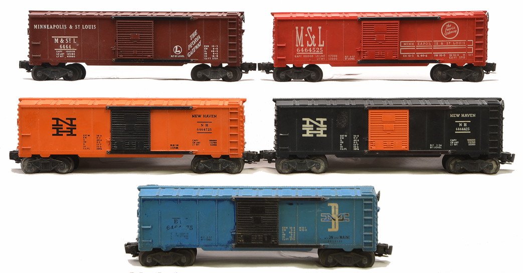 Lionel 6464 6464-425 6464-475 6464-525 6464-725: Lionel postwar 6464 boxcars including; 6464-50 Minneapolis & St. Louis type I, 6464-425 New Haven type III, 6464-475 Boston & Maine type IIb, 6464-525 M&StL type IIb and a 6464-725 New Haven type IV. 