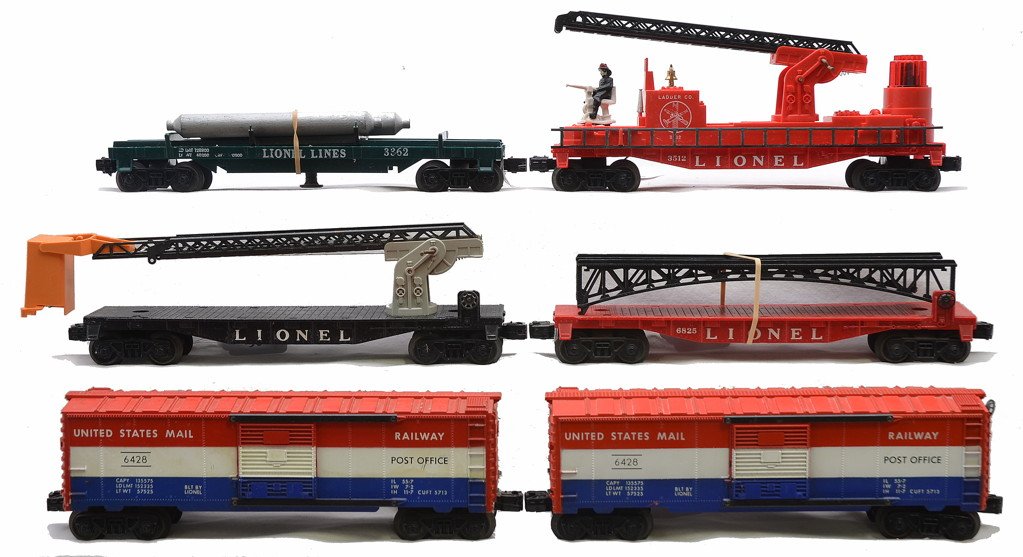 Lionel Freights 3512 6512 2-6428 3362 6825: Lionel postwar freight cars; 3512 operating fireman and ladder car, 6512 cherry picker, two 6428 United States Mail Railway boxcars, 3362 flatcar with three wooden helium tanks and a 6825 flatcar with