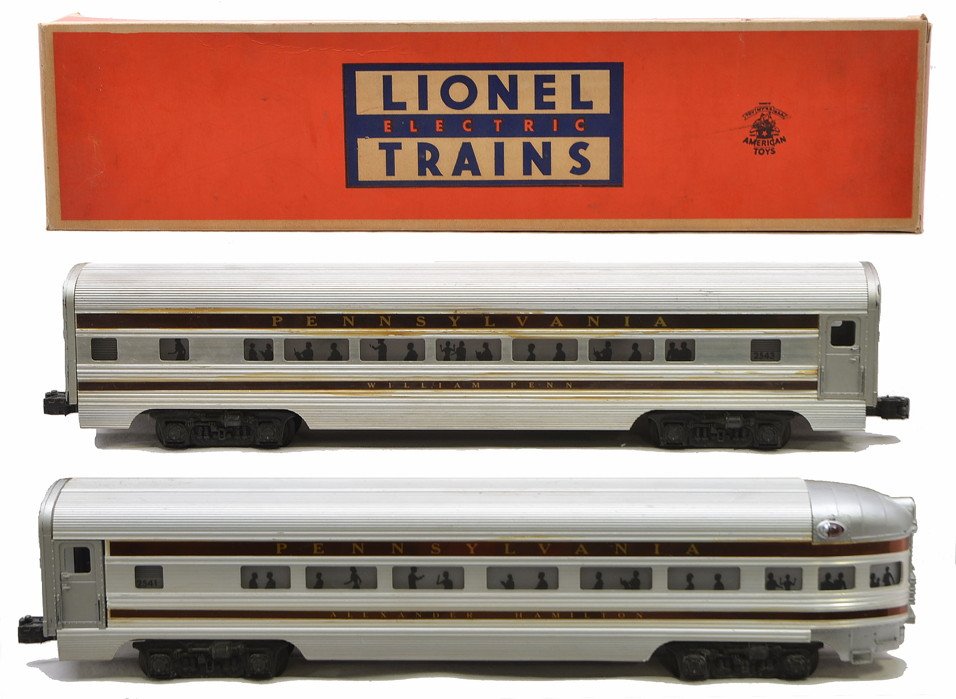 Lionel PRR Aluminum Pass Cars 2543 2541: Lionel postwar Pennsylvania aluminum passenger cars; 2543 William Penn Pullman in OB and a 2541 Alexander Hamilton observation, C6-7. The OB has all flaps attached.