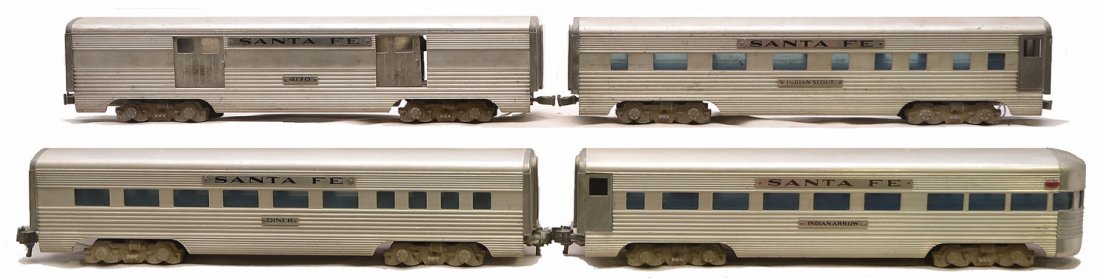 Am Model Toy Santa Fe Aluminum Pass Cars: American Model Toy Inc. Santa Fe aluminum passenger cars including; 4170 baggage, Indian Scout Pullman with one broken coupler, diner and a Indian Arrow observation, C5.