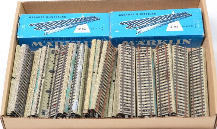 73 sections 5106 Marklin stud three rail track: Marklin HO stud rail 5106 straight track. Seventy three sections of track ranging from C6 to C8. A few sections with rust on rails, some with scenery material on the base, some very clean. Twenty sect