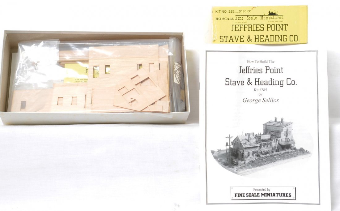 Fine Scale Miniatures 285 Jefferies Point Stave Co: Fine Scale Miniatures modern HO building kit in OB. 285 Jefferies Point Stave and Heading Co. kit. Kit is C10 with sealed bags. OB has light shelf wear.