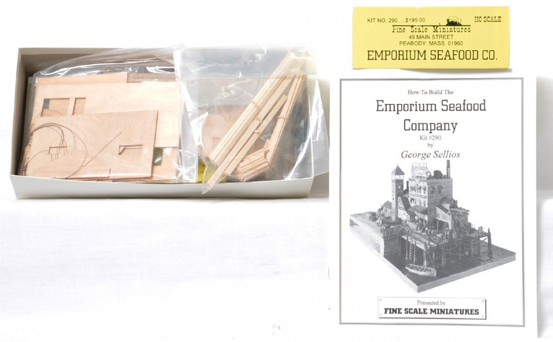 Fine Scale Miniatures 290 Emporium Seafood Co. kit: Fine Scale Miniatures modern HO building kit in OB. Kit is number 290 Emporium Seafood Company Kit is new in box C10 with bags sealed. OB has some light corner wear.