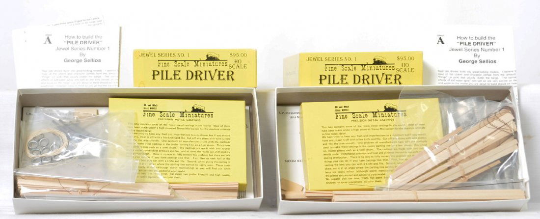 2 Fine Scale Miniatures No. 1 Pile Driver Kits: Fine Scale Miniatures modern HO building kits in OB. Two Jewel Series No. 1 Pile Driver kits in OBs. Both kits are open but new C10.