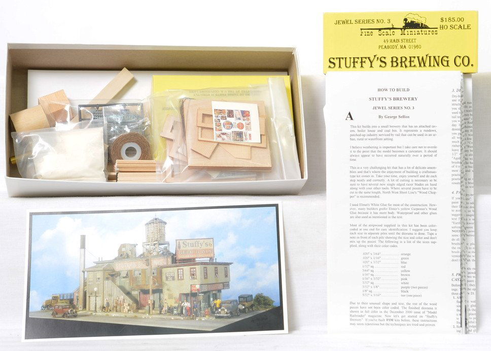Fine Scale Miniatures No. 3 StuffyÃ•s Brewing Co.: Fine Scale Miniatures modern HO building kit in OB. Kit is Jewel Series No. 3 StuffyÃ•s Brewing Co. Kit is new in box C10 with bags sealed. OB has some light wear and two small pieces of tape.