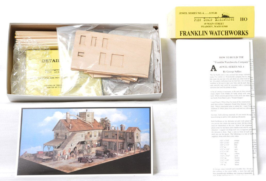 Fine Scale Miniatures No. 4 Franklin Watchworks kit: Fine Scale Miniatures modern HO building kit in OB. Kit is Jewel Series No. 4 Franklin Watchworks. Kit is new in box C10 with bags sealed. OB has some light wear and two small pieces of tape.