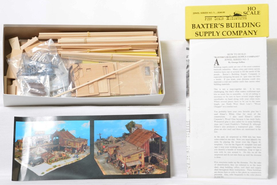 Fine Scale Miniatures No. 5 BaxterÃ•s Building Supply: Fine Scale Miniatures modern HO building kit in OB. Kit is Jewel Series No. 5 BaxterÃ•s Building Supply. Kit is new in box C10 with bags sealed. OB has some light wear and two small pieces of tape.