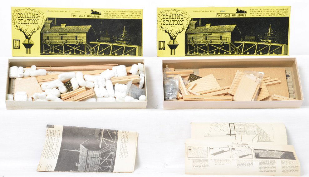 2 Fine Scale Miniatures Coal Station kits: Fine Scale Miniatures modern HO building kits in OB. Two number 60 Coaling Station kits. Kits appear to be complete C9-10. OBs have light wear and one sticker.