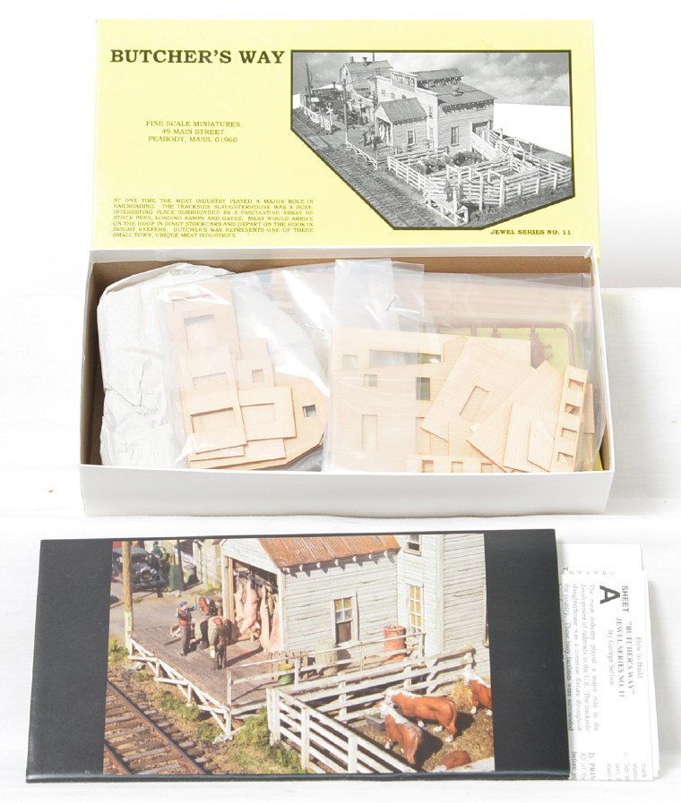 Fine Scale Miniatures No. 11 ButcherÃ•s Way kit: Fine Scale Miniatures modern HO building kit in OB. Kit is Jewel Series No. 11 ButcherÃ•s Way. Kit is new in box C10 with bags sealed. OB has some light wear and two small pieces of tape.