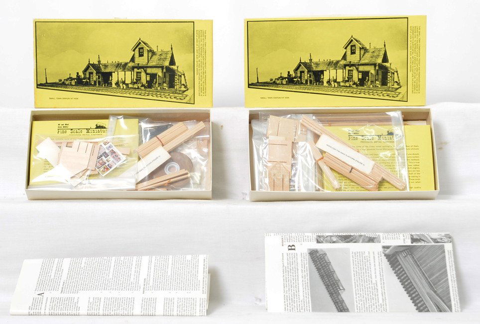 2 Fine Scale Miniatures 235 station kits: Fine Scale Miniatures modern HO building kits in OBs. Two 235 Station kits are C9-10 and appear unused. OBs have some light wear.