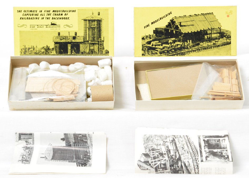 Fine Scale Miniatures 125 water tank and 140 sawmill: Fine Scale Miniatures modern HO building kits in OBs. Two kits include 125 Water Tank and Tool Shed and 140 Sawmill. Kits are C9-10 with sealed bags. OBs have light wear and price stickers.