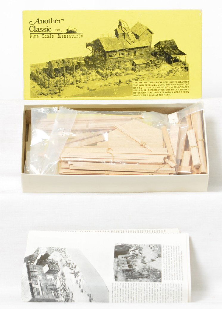 Fine Scale Miniatures 185 Crocker Bros. Feed Mill kit: Fine Scale Miniatures modern HO building kit in OB. Number 185 Crocker Bros. Feed Mill. Kit is C10 with sealed bags and metal parts.