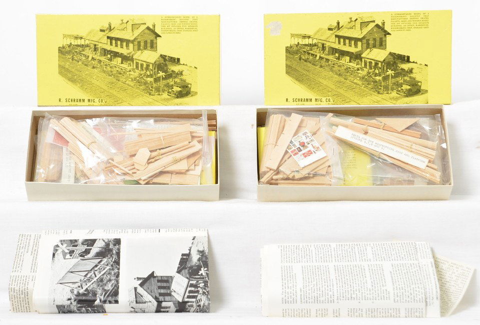 2 Fine Scale Miniatures 190 R. Schramm Mfg. Co. kits: Fine Scale Miniatures modern HO building kits in OBs. Two number 190 R. Schramm Mfg. Co kits. Kits appear to be complete and unused C10. OBs have light wear and small tape repairs on one box lid.