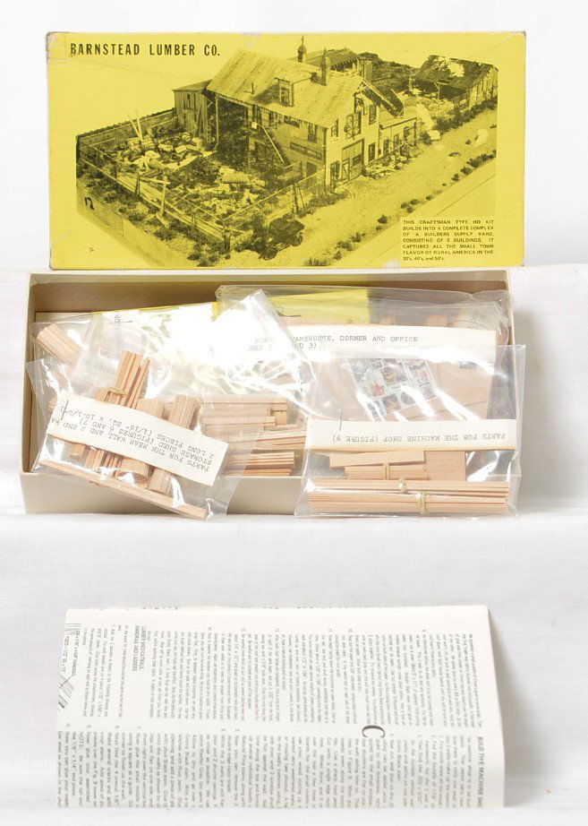 Fine Scale Miniatures 195 Barnstead Lumber Co. kit: Fine Scale Miniatures modern HO building kit in OB. Number 195 Barnstead Lumber Co. Kit is C10 with sealed bags and metal parts.