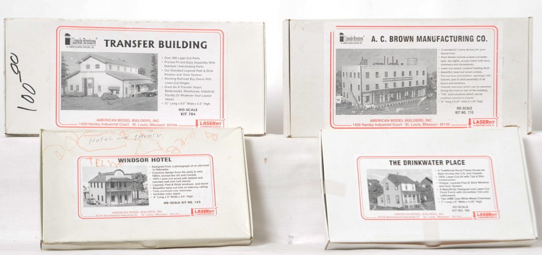 4 LaserKit HO kits 143, 184, 704, 715: LaserKit by American Model Builders HO kits in OBs. Four kits include 143 Windsor Hotel, 184 Drinkwater Place, 704 Transfer Building, and 715 AC Brown Manufacturing Co. Kits are C9-10. OBs have some l