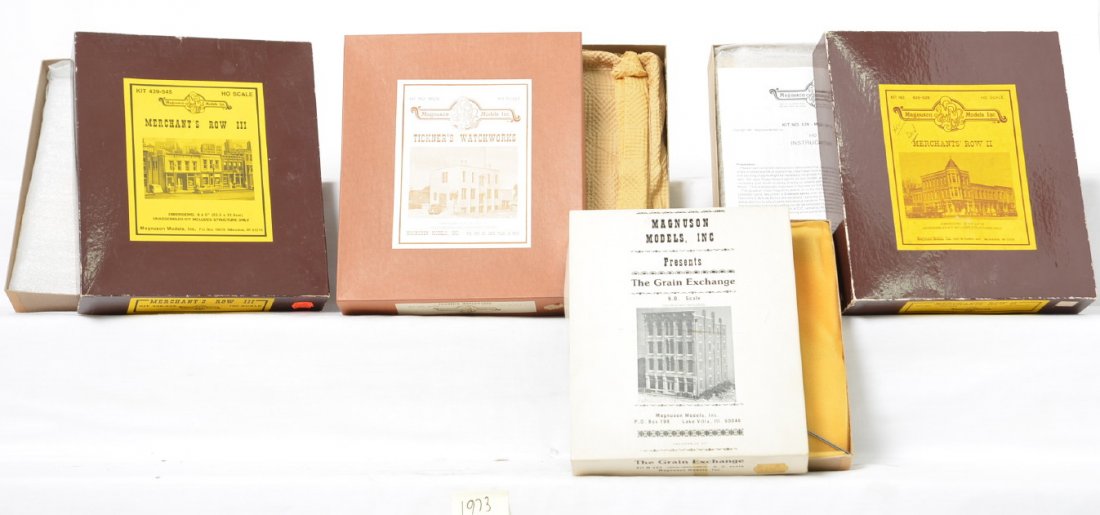4 Magnuson Models kits 504, 524, 439-539, 545: Magnuson Models modern HO kits in OBs. Four kits include 504 the Grain Exchange, 524 TinkerÃ•s Watchworks, 439- 539 and 545 Merchants Row II and III. Kits are open, but new and unused C9-10. OBs ha