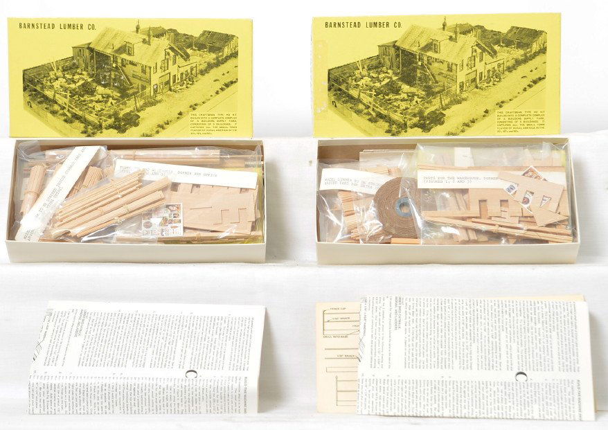 2 Fine Scale Miniatures 195 Barnstead Lumber kits: Fine Scale Miniatures modern HO building kits in OBs. Two number 195 Barnstead Lumber Co. Kits are C10 with sealed bags and metal parts.