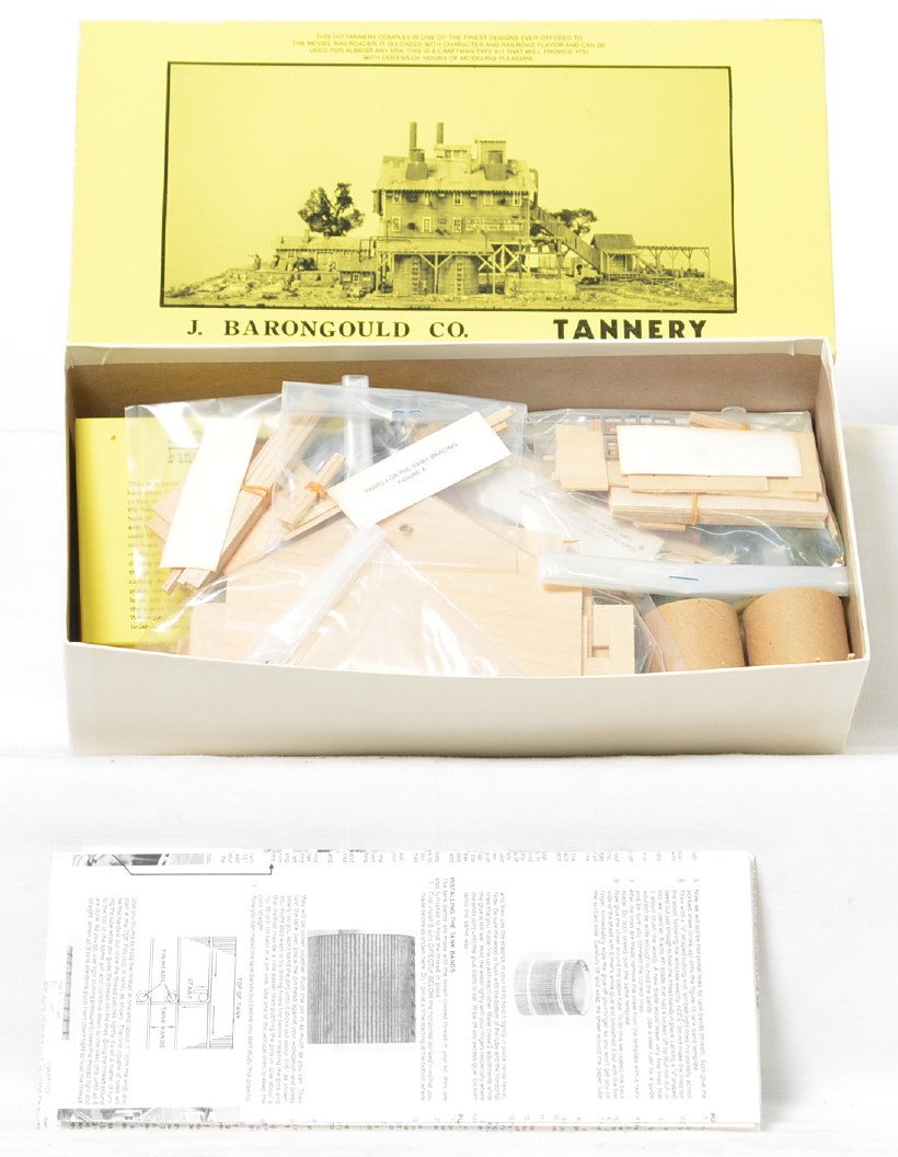 Fine Scale Miniatures 250 Barongould Tannery: Fine Scale Miniatures modern HO building kit in OB. Kit is number 250 The Barongould Tannery. Kit is new in box C10 with bags sealed. OB has some light wear.