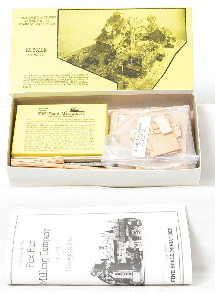 Fine Scale Miniatures Fox Run Milling Co. kit: Fine Scale Miniatures modern HO building kit in OB. Kit is number 295 Fox Run Milling Co. Kit is new in box C10 with bags sealed. OB has some light wear and two small pieces of tape.