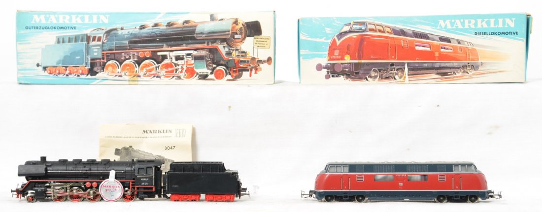 Marklin 3047 and 3021 locomotives: Marklin modern HO locomotives in OBs. Includes 3047 2-10-0 heavy goods steam locomotive in C9 condition and 3021 diesel locomotive in C8 condition. OBs have some light corner wear.