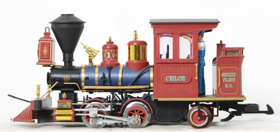 LGB 20130 Chloe Grizzly Flats RR steam locomotive: LGB modern G scale 20130 Grizzley Flats Railroad Chloe steam locomotive. Loco is C7-8, one brass boiler band partially loose.