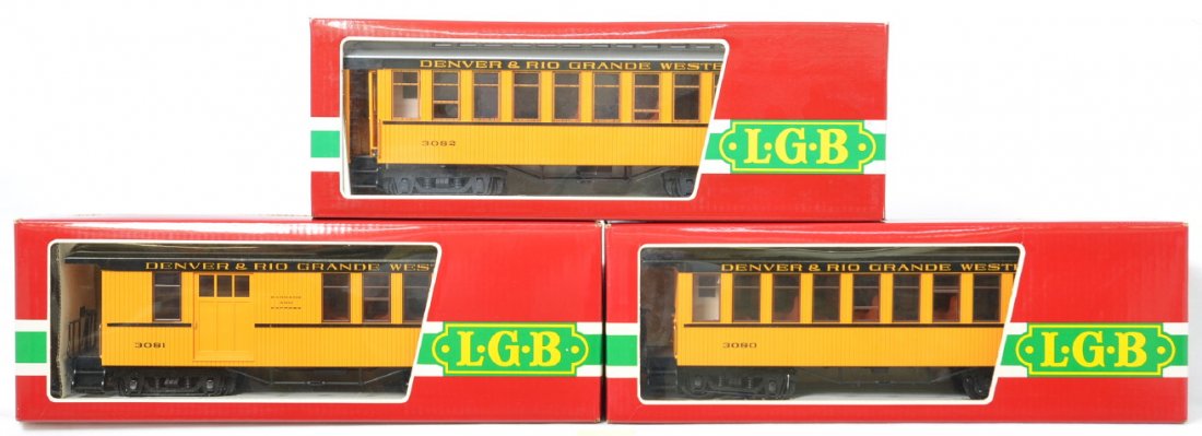 3 LGB Rio Grande passenger cars 3080 3081 3080 E 01: LGB modern G scale Rio Grande passenger cars in OBs. Three cars include 3080 coach, 3080 E 01 coach, and 3081 combine. Cars are in C8 condition.