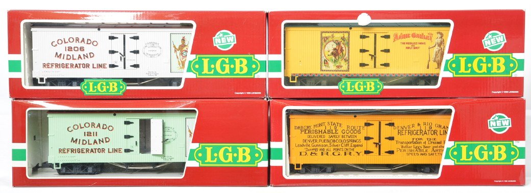 4 LGB woodside reefers 4072 4174 3082: LGB modern G scale woodside reefers in OBs. Four cars include 4072 - P 01 Colorado Midland, 4072 - P 02 Annie Oakley, 4174 Rio Grande, and 3081 E 02 Colorado Midland. Cars are C7+ to C8 a few loose gr