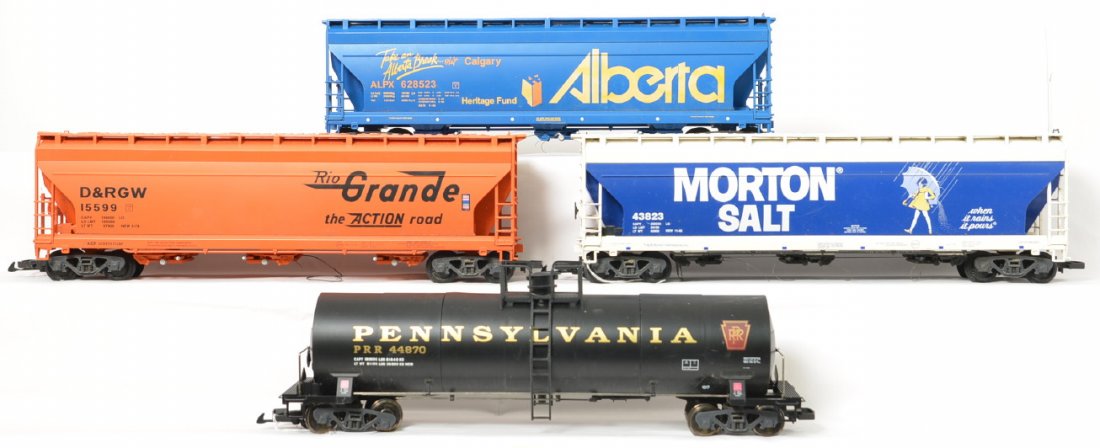 LGB modern freight cars Rio Grande, Alberta, Morton,: LGB modern G scale freight cars. Four cars include three ACF hoppers 15599 Rio Grande, 628523 Alberta, 43823 Morton Salt, and 44870 Pennsylvania tank car. Cars have been used outside and are a bit dir