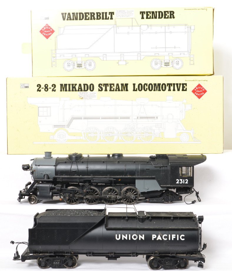 Aristo Craft Union Pacific Mikado steam locomotive: Aristo Craft modern G scale 21503 Union Pacific Mikado steam locomotive in OBs. Loco is C7 with some light rust on screws and dirt from outdoor running. Missing bell.
