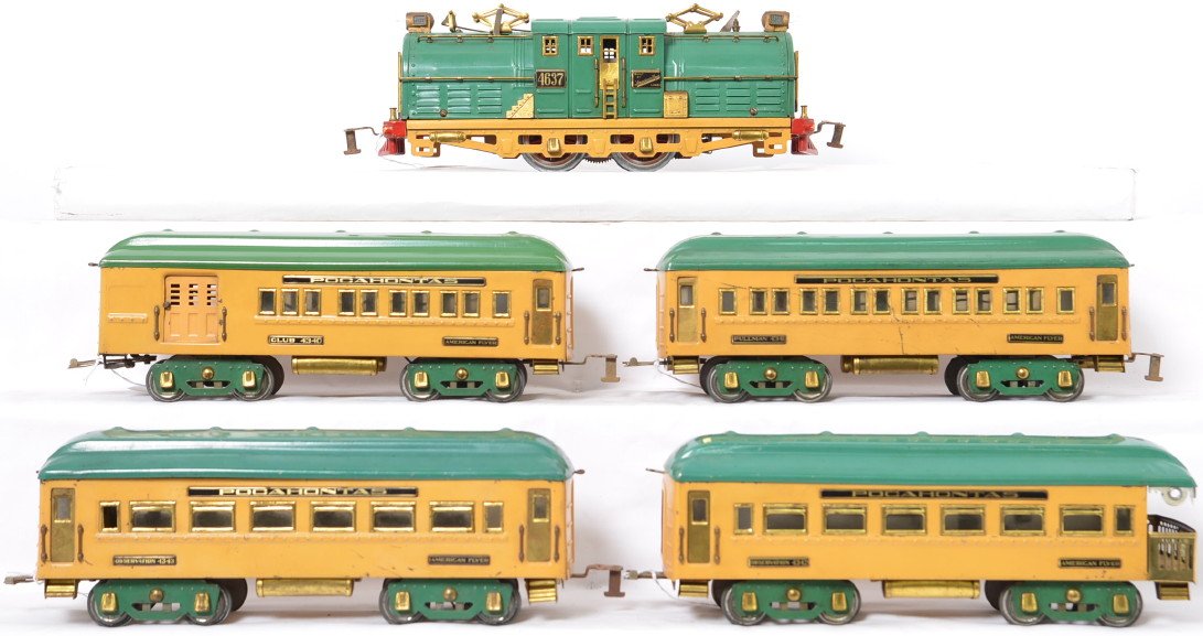 American Flyer prewar Pocohontas set 4637 4340 4341: American Flyer prewar Pocohontas set consisting of a 4637 Ã’ShastaÃ“ 0-4-0 locomotive, 4340 club, 4341 Pullman and 4342 & 4343 observation cars. Great looking set with all original parts except 