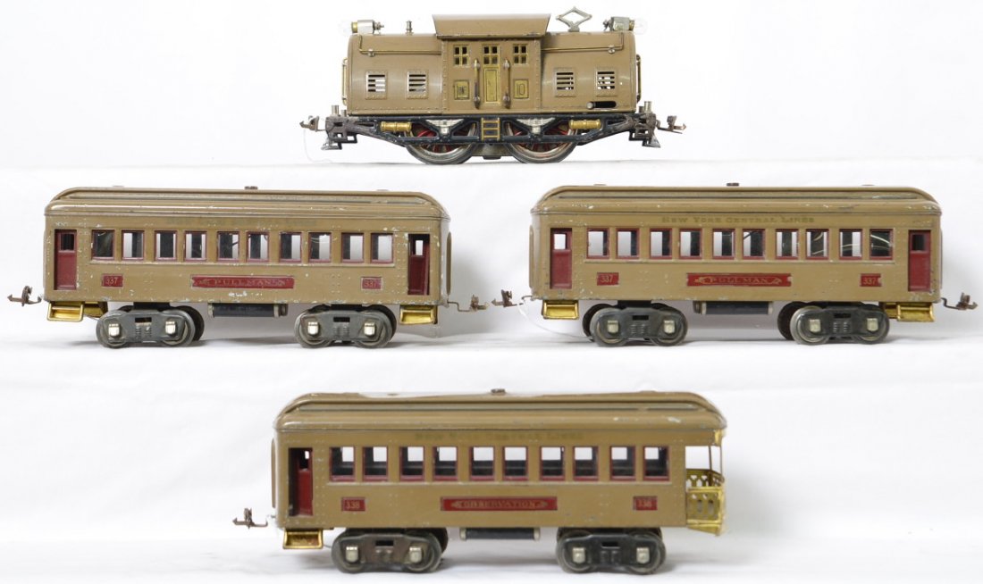 1925 Lionel prewar # 352 passenger set 10 337 337 338: 1925 Lionel 352 passenger set consisting of a No.10 electric locomotive, two 337 Pullmans and a 338 observation car in Mojave. The locomotive has been re-wheeled but is otherwise all original, C6-.