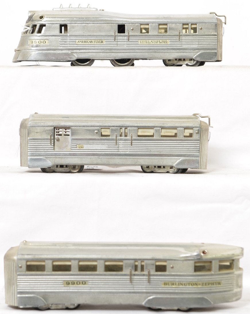 American Flyer 9900 Burlington Zephyr streamlined set: American Flyer prewar narrow gauge 9900 Burlington Zephyr streamlined set in great shape but missing the decals from the sides of the baggage car, C6+.