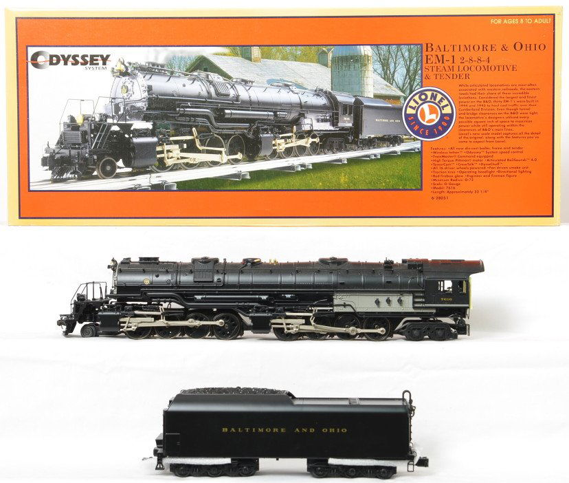 Lionel 28051 Baltimore and Ohio EM-1 2-8-8-4: Lionel modern O gauge 28051 Baltimore and Ohio EM-1 2-8-8-4 steam locomotive. Loco features TMCC, Railsounds, Electrocoupler, fan driven smoke unit and much more. Loco is C8 with run time.