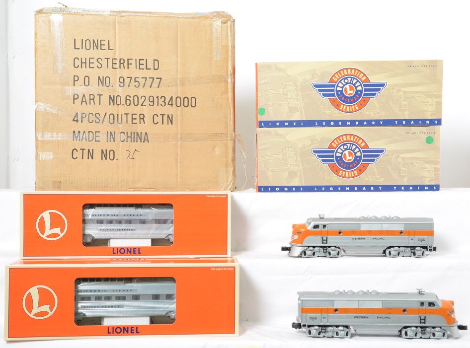 Lionel Western Pacific F3 A-A and passenger cars: Lionel modern O gauge Postwar Celebration Series Western Pacific F-3 18191 F-3 A-A pair in OBs. Locos feature TMCC, Railsounds, Electrocouplers, and much more. Locos are lower C8 with moderate run tim