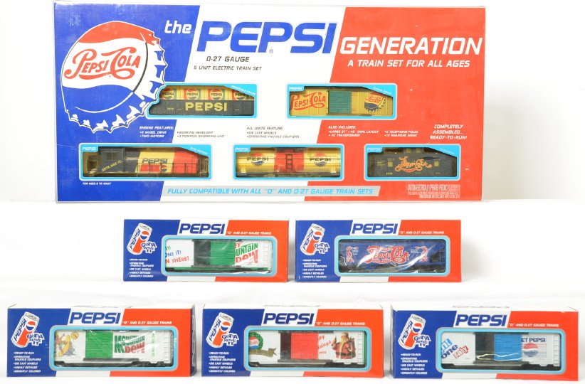 K Line Pepsi set and add on cars: K Line modern O gauge TE-1000 Pepsi train set new in the box. Also included is 4208 Pepsi Christmas boxcar, 646402 Diet Pepsi boxcar, 646403 Mountain Dew boxcar, 4210 Diet Mountain Dew boxcar, and 646
