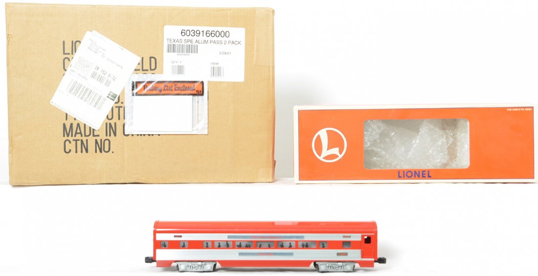 Lionel Texas Special 39166 and 39118 passenger cars: Lionel modern O gauge MKT Texas Special aluminum passenger cars in OBs. Includes 39166 add on two pack factory sealed C10 and 39118 Station Sounds coach with TMCC and Railsounds in C8 condition.