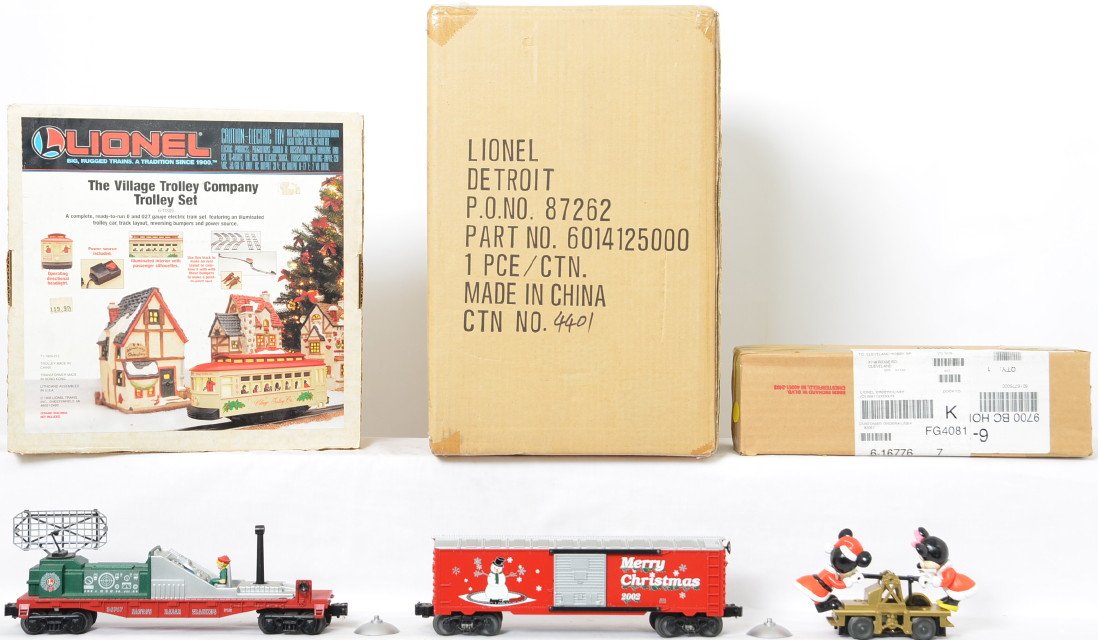 Lionel Christmas cars and items 14125, 11809, 36767,: Lionel modern O gauge Christmas items including 14125 sealed Christmas tree, 11809 Village Trolley set missing transformer, Mickey Santa hand car, 36767 Santa Radar car, 16776 1997 Holiday Railsounds 