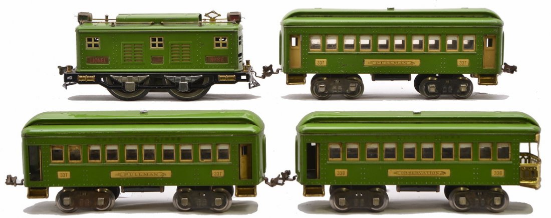 Lionel P.Gr. Passenger Set Macy Special 2: Lionel prewar standard gauge pea green passenger set Macy Special 2, circa 1932 including; 8E electric loco, two 337 Pullmans and 338 observation with an original MACY SPECIAL celluloid drumhead. The 