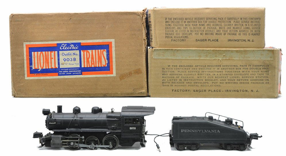 Lionel Outfit no. 903B w/ 228 Loco 2228B OBs: Lionel prewar O gauge loco and tender outfit no. 903B in individual OBs and outer master carton containing; 228 black switcher and a 2228B slope-back Pennsylvania tender. The loco is C7-8. The tender