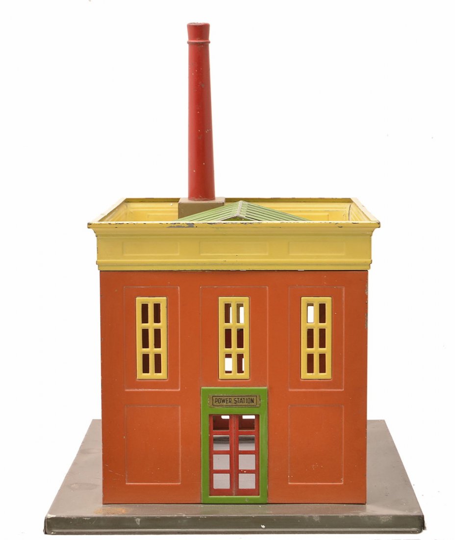 Lionel 436 Power Station w/T.Cotta Walls: Lionel prewar standard gauge 436 Power station with gray base, terra cotta walls, cream roof cornices and window inserts, pea green window frames and skylight, Mojave chimney base, red chimney and bra