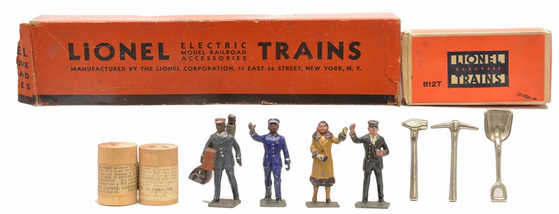 Lionel Bulbs 812T Tools 550 Mini RR Figures OBs: Lionel prewar two wooden bulb boxes with bulbs, 812T tool set in OB and a 550 miniature railroad figures set missing two figures, the male passenger with suitcase and the engineer. The porter in the s