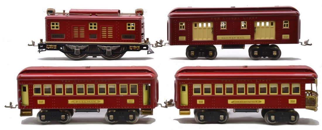 Lionel Std. Ga. Red Passenger Set no. 360: Lionel prewar standard gauge red passenger set no. 360, circa 1931 including; 8 electric loco missing the pantograph, 332 baggage, 337 Pullman and a 338 observation. The loco has cream insert and stri